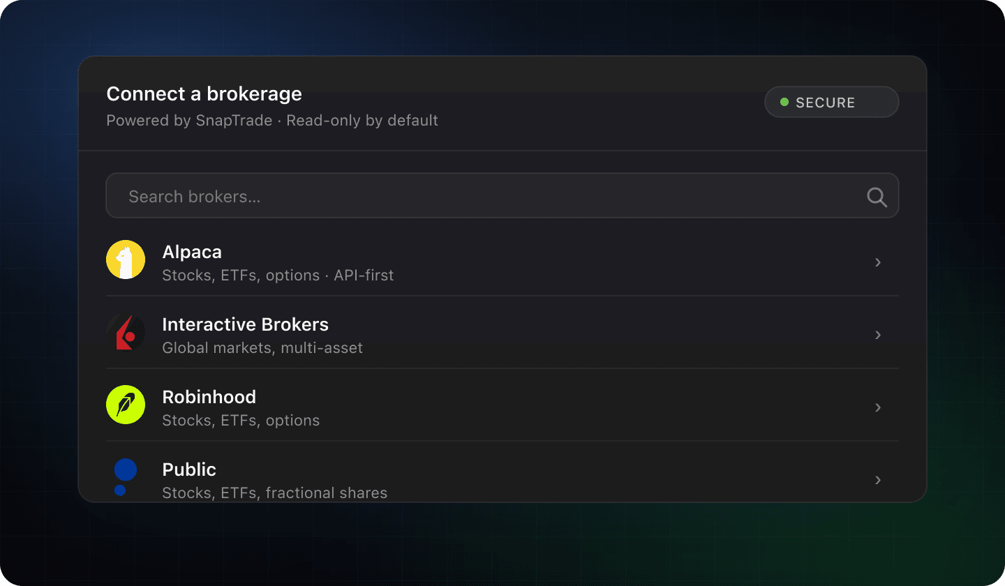 Preview of the broker picker showing Alpaca, Interactive Brokers, Robinhood, and Public